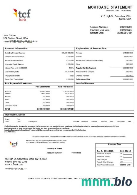 USA TCF Bank wyciąg z kredytu hipotecznego w formatach Word i PDF